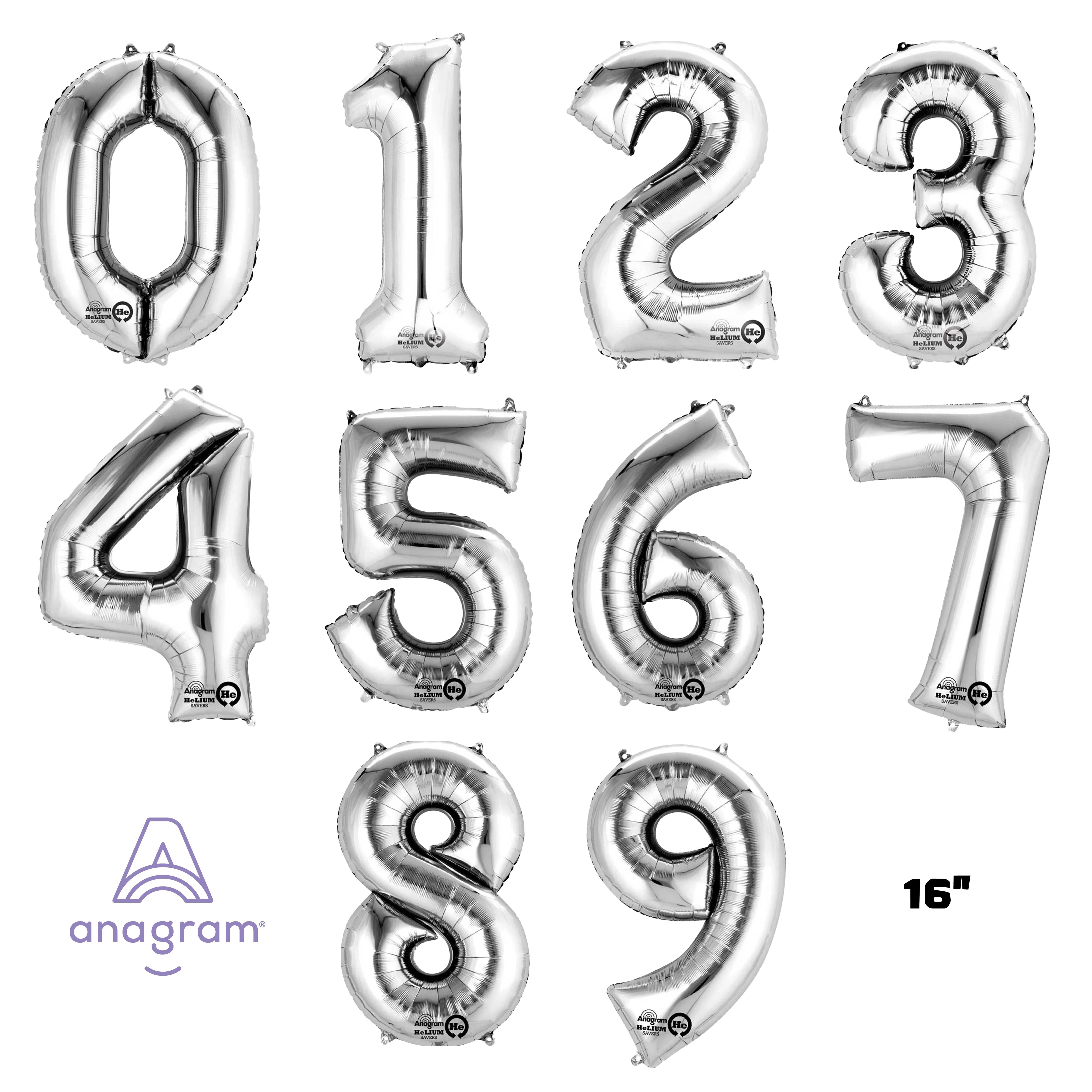 Anagram Foil Balloon Silver 16" Numbers 0-9