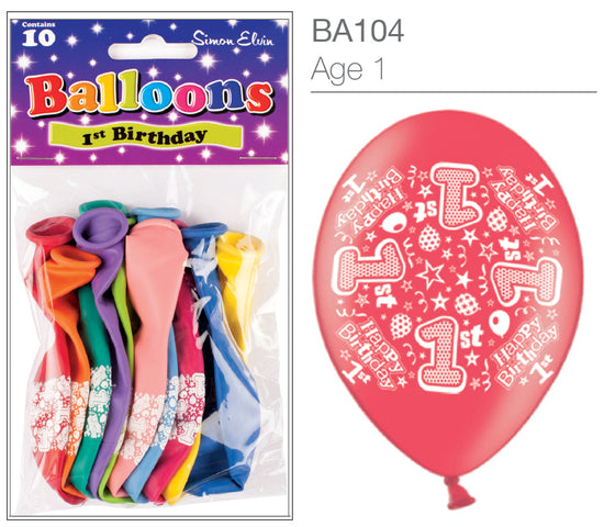 Age 1 Latex Balloons 9" 10pk