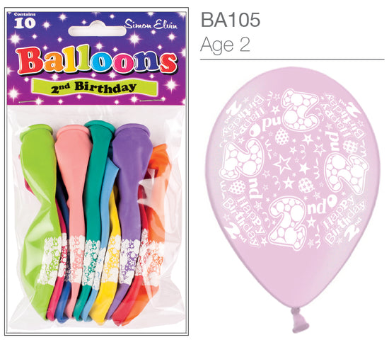 Age 2 Latex Balloons 9" 10pk