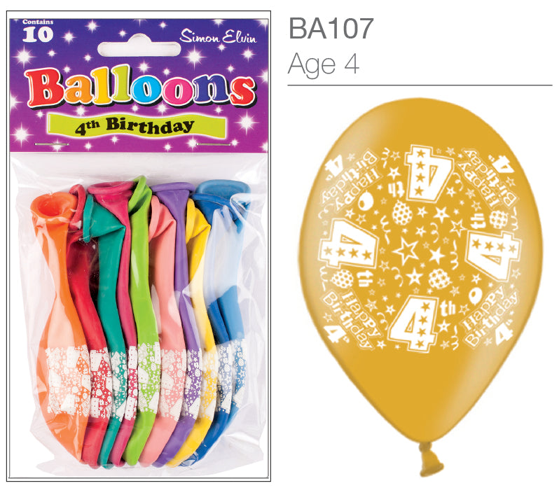 Age 4 Latex Balloons 9" 10pk