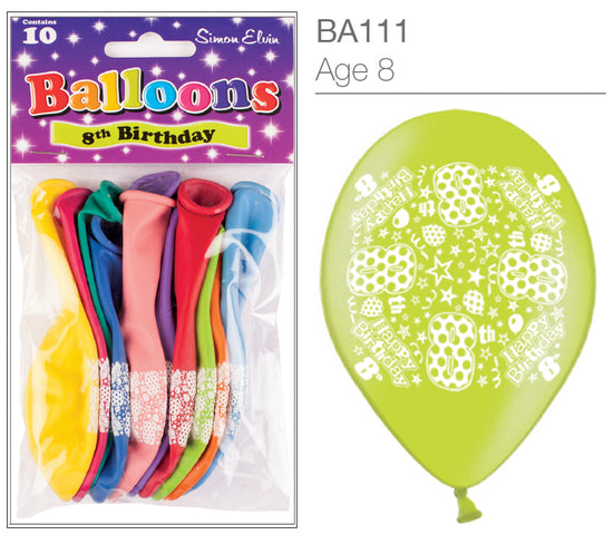 Age 8 Latex Balloons 9" 10pk