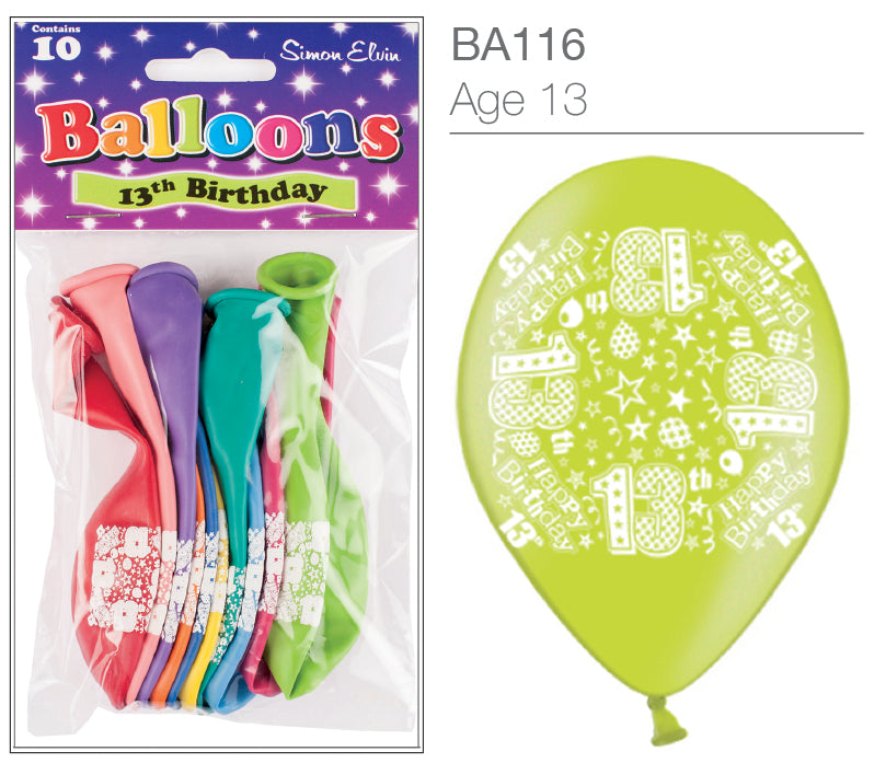 Age 13 Latex Balloons 9" 10pk