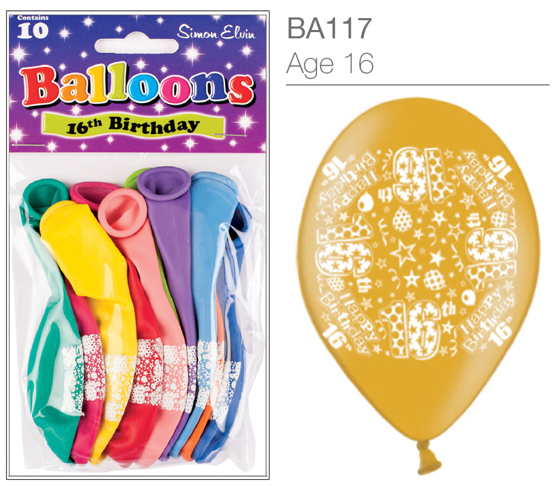 Age 16 Latex Balloons 9" 10pk