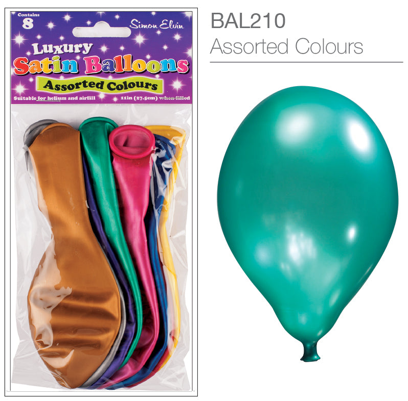 Satin Assorted Colours 11" Latex Balloons 8pk