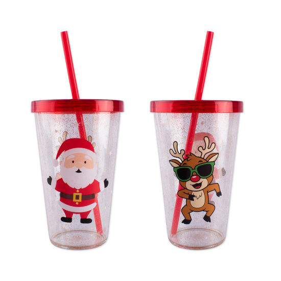 Christmas Glitter Cup W/Straw 550ml 24pk