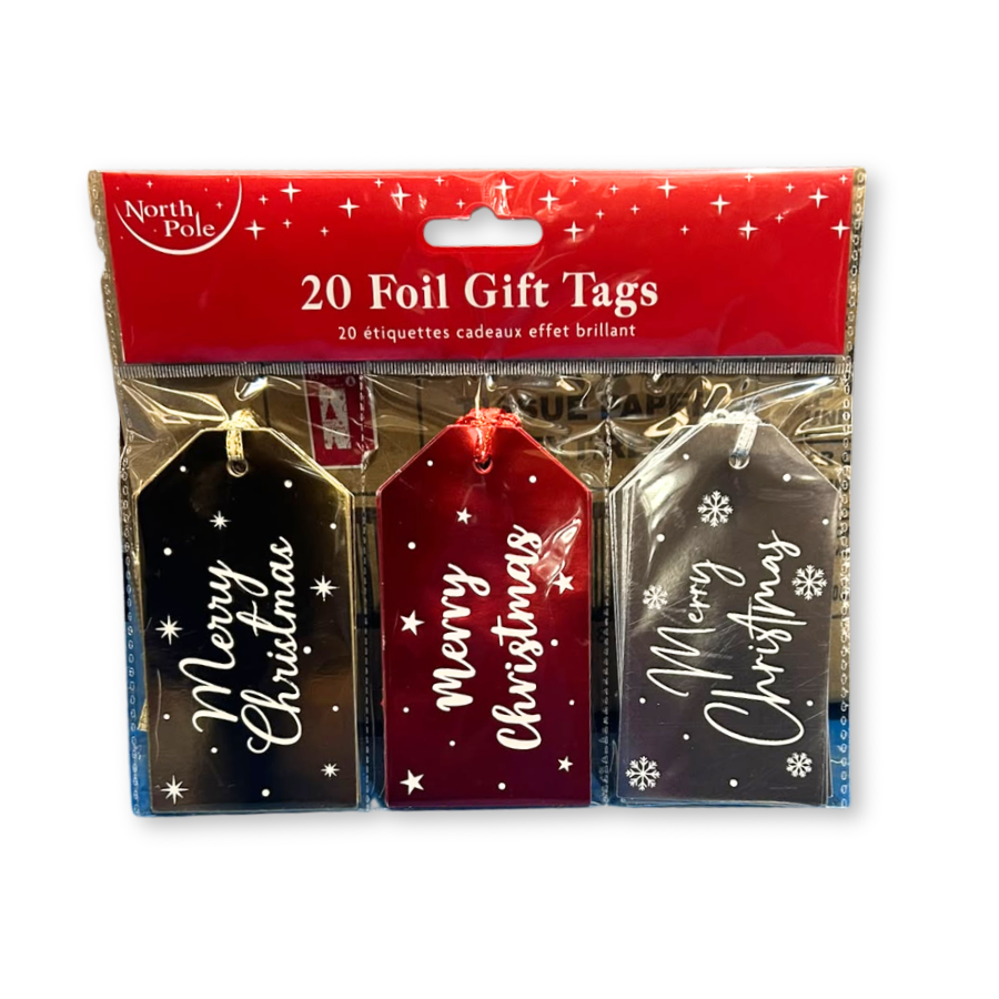 Tiger Feet Christmas foil gift tags, 20-pack, featuring festive designs and metallic foil details
