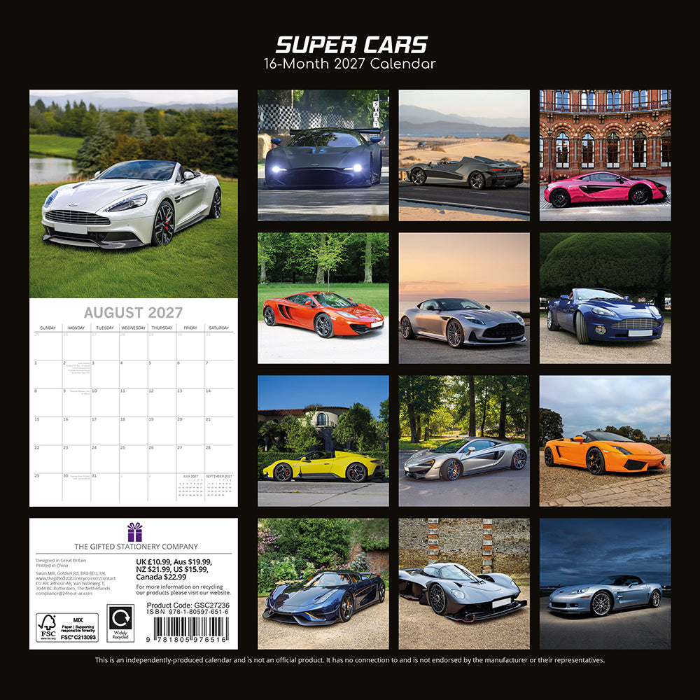 Gifted Stationery Calendar Super Cars 2027