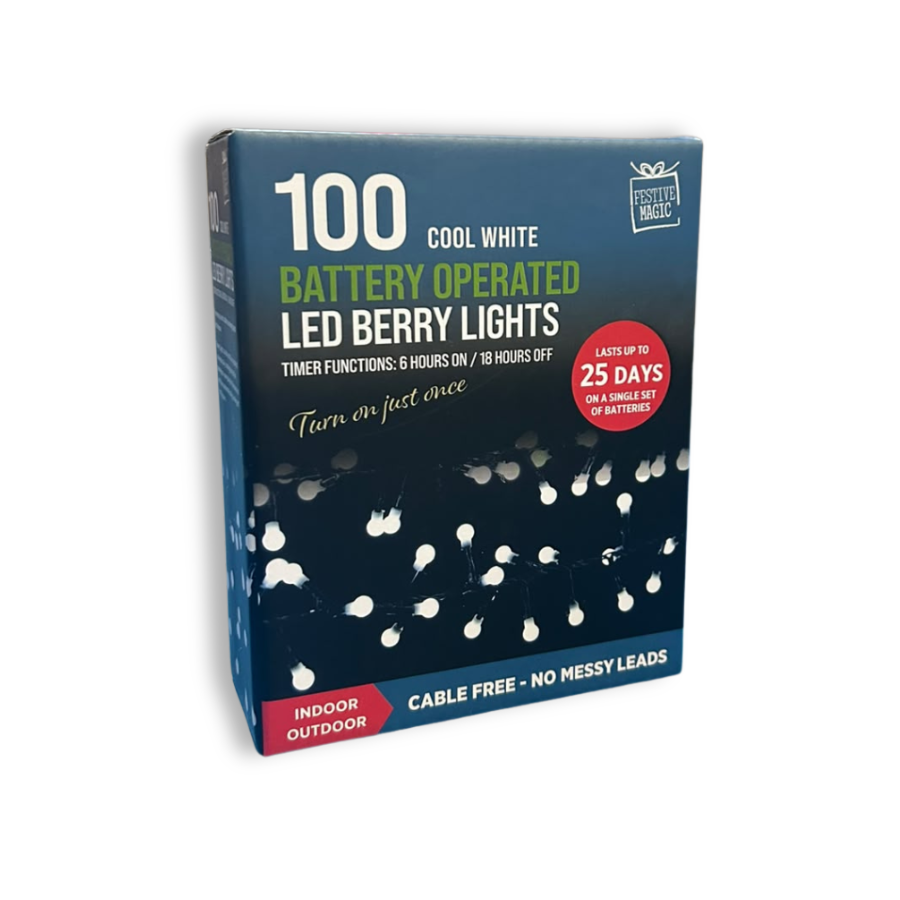 Uncle Bills LED timer berry lights, white 100-pack for outdoor garden decoration