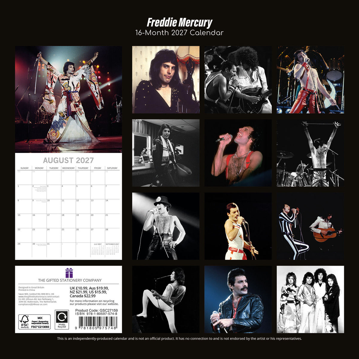 Gifted Stationery Calendar Freddie Mercury 2027