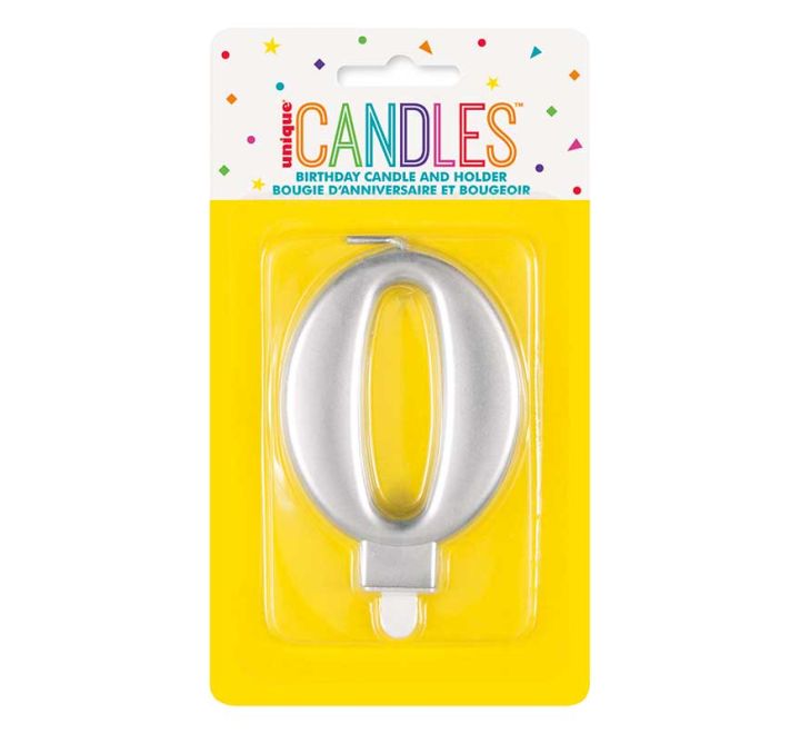 Unique Party Candle Number 0 Metallic Silver 8cm