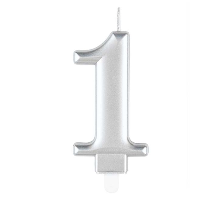 Unique Party Candle Number 1 Metallic Silver 8cm