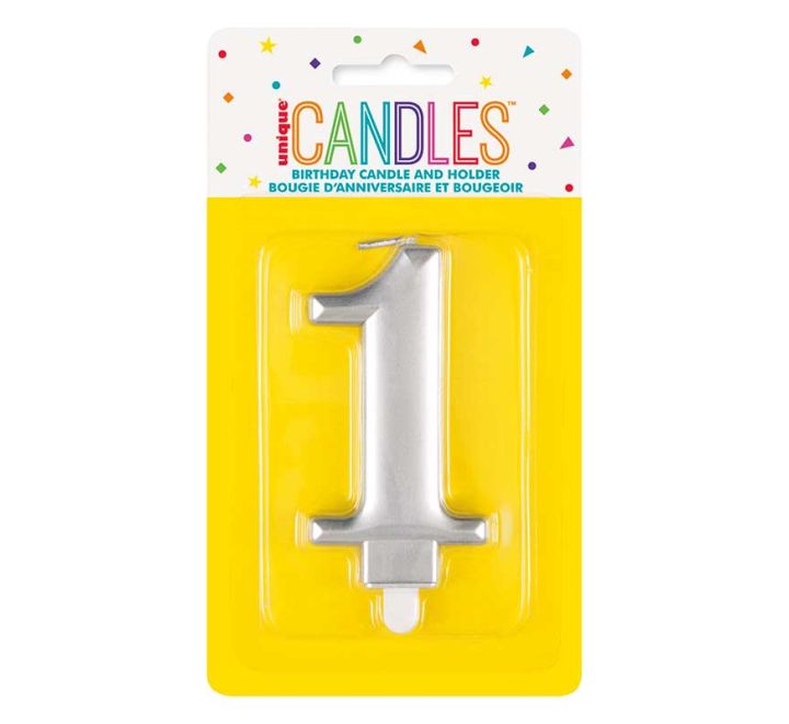 Unique Party Candle Number 1 Metallic Silver 8cm