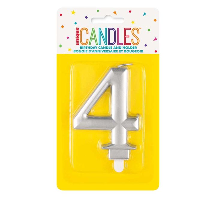 Unique Party Candle Number 4 Metallic Silver 8cm