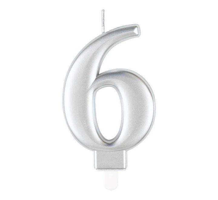 Unique Party Candle Number 6 Metallic Silver 8cm