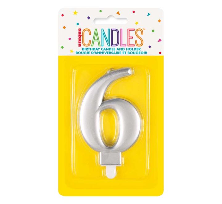 Unique Party Candle Number 6 Metallic Silver 8cm