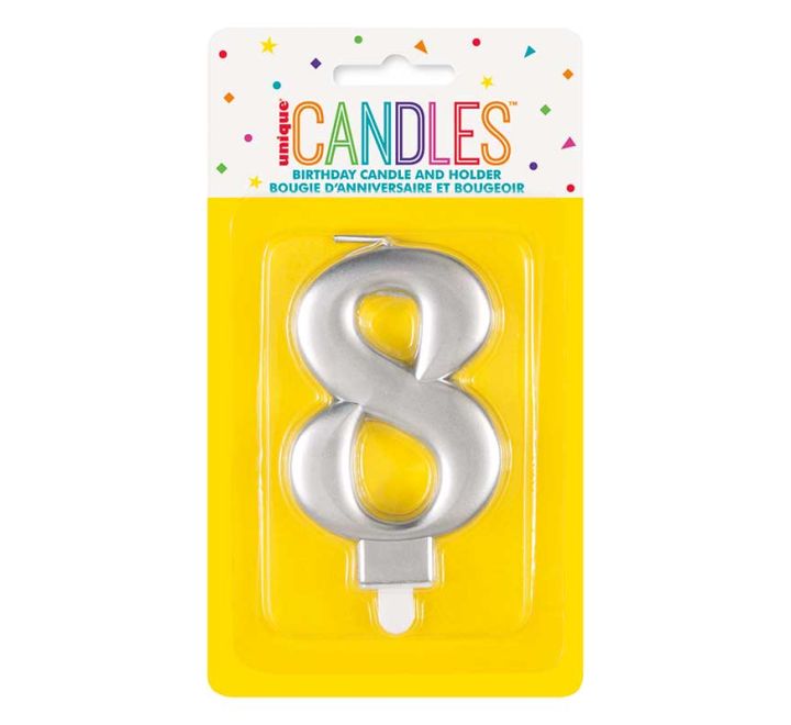 Unique Party Candle Number 8 Metallic Silver 8cm