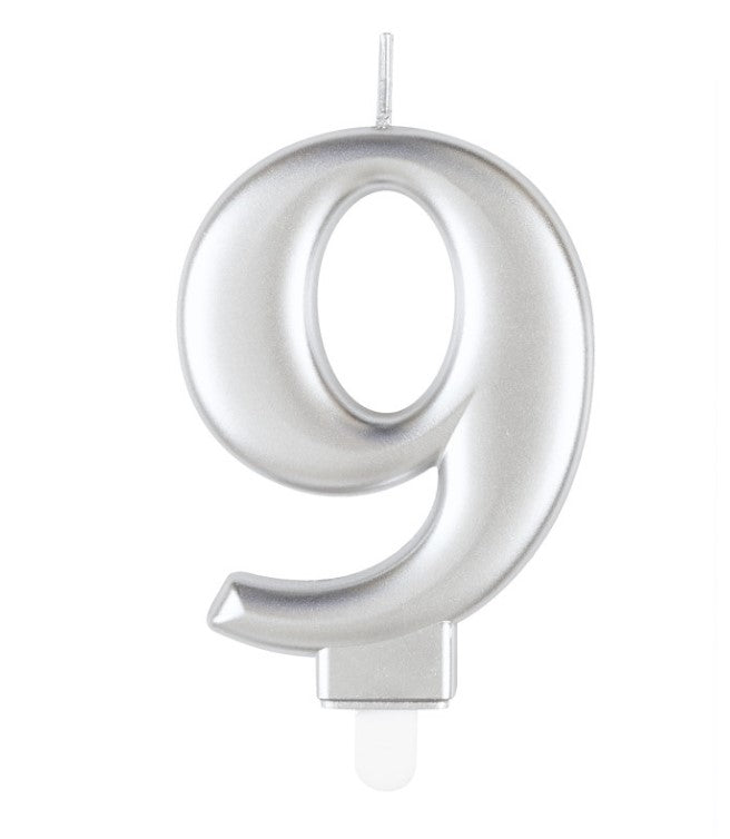 Unique Party Candle Number 9 Metallic Silver 8cm