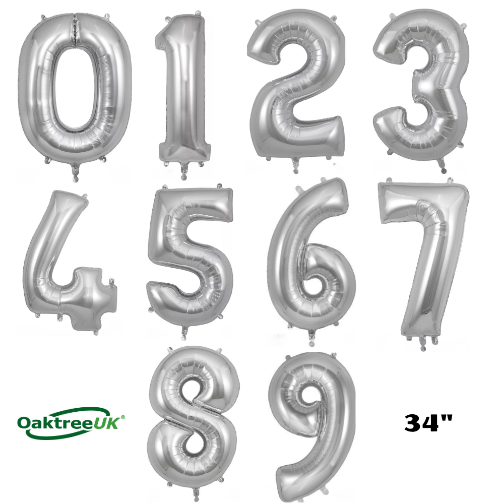 Oaktree Foil Balloon Silver 34" Numbers 0 - 9