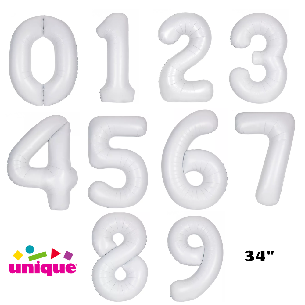 Unique Foil Balloon Matte White 34" Numbers 0 - 9