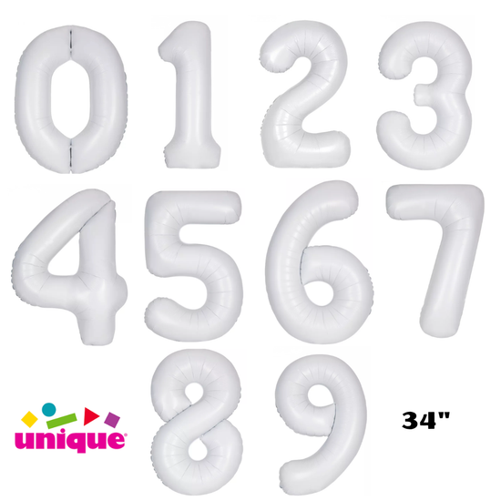 Unique Foil Balloon Matte White 34" Numbers 0 - 9