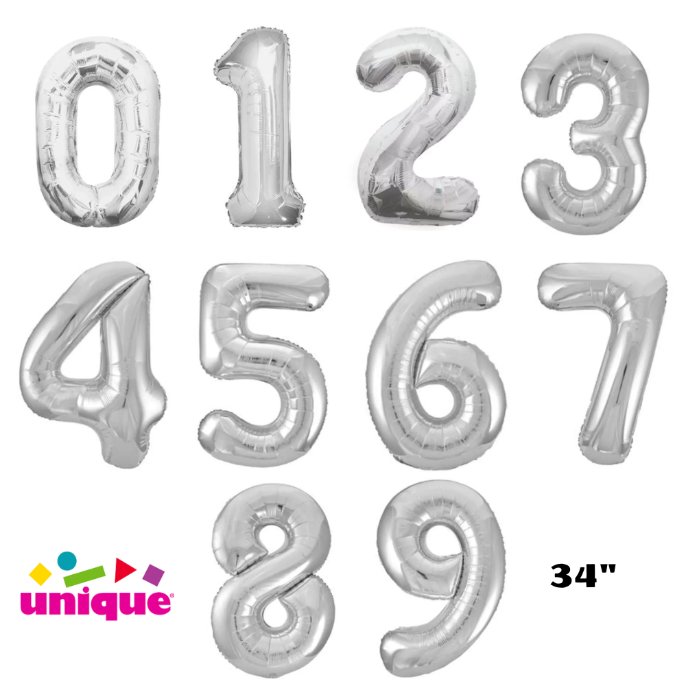 Unique Foil Balloon Silver 34" Numbers 0 - 9