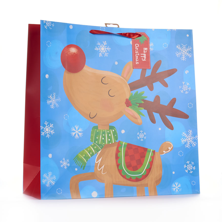 Gift Bag Reindeer Blue Giant Square 12pk