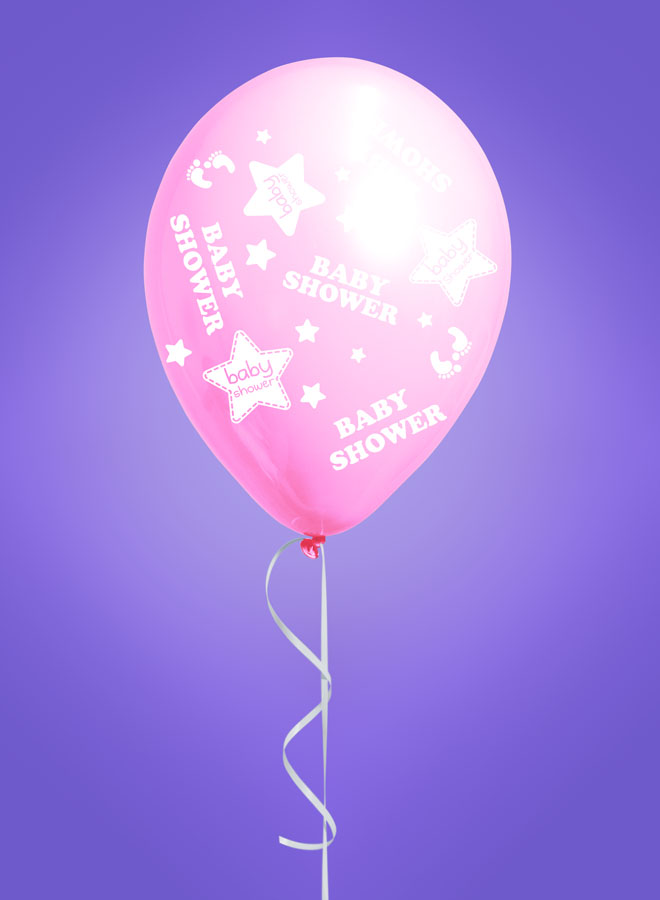 Eight colorful latex printed balloons for baby shower celebration, featuring playful designs, ideal for festive decorations.