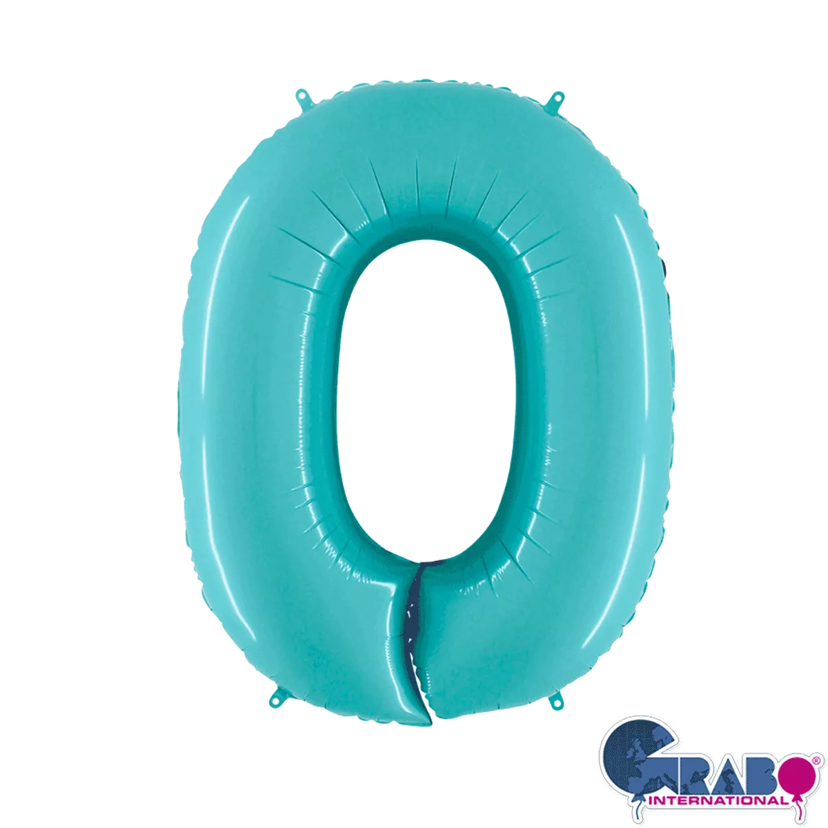Pastel blue Grabo foil balloon shaped as the number 0, 26 inches tall, inflated and floating against a plain background.