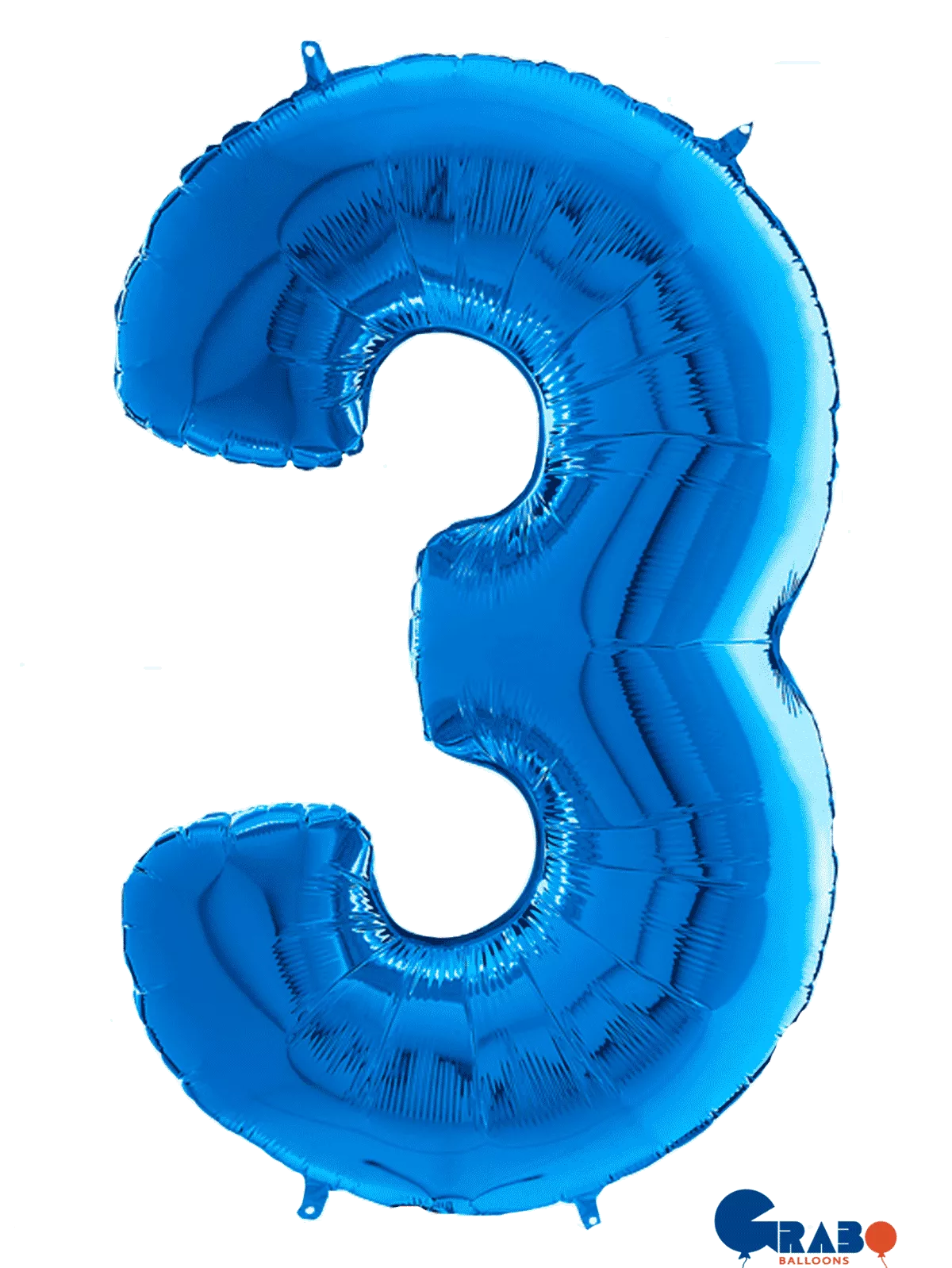 Blue 26-inch Grabo foil balloon shaped as the number 3, with shiny metallic finish and vibrant color.