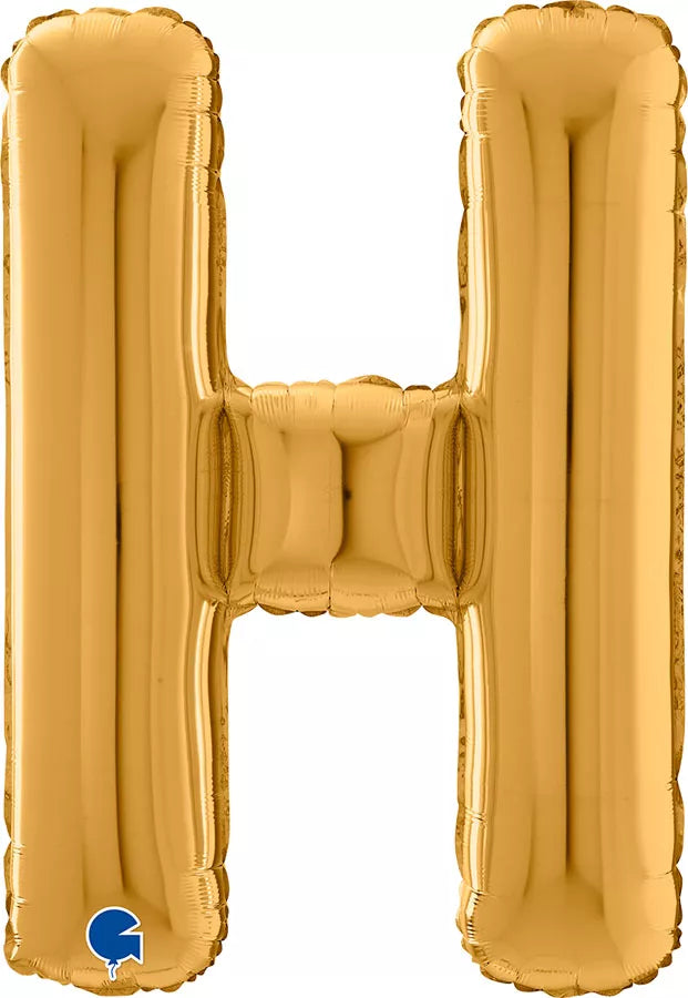 Gold Grabo foil balloon in the shape of the letter H, measuring 26 inches tall, with shiny metallic finish.