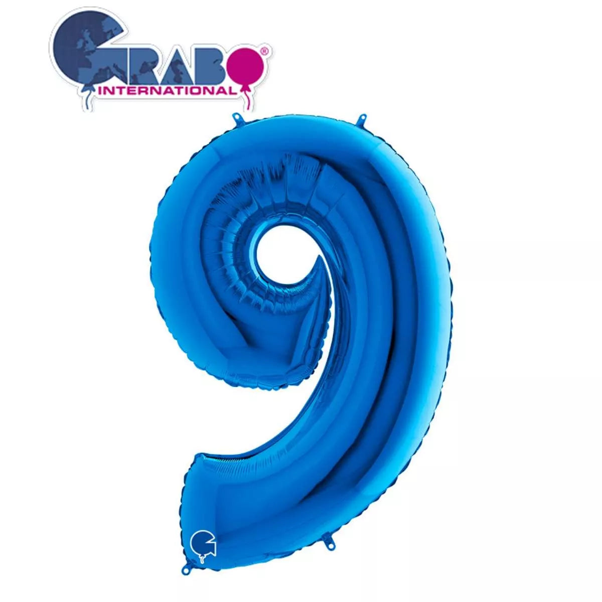 Blue Grabo foil balloon in the shape of the number 9, measuring 40 inches tall, with shiny metallic surface.