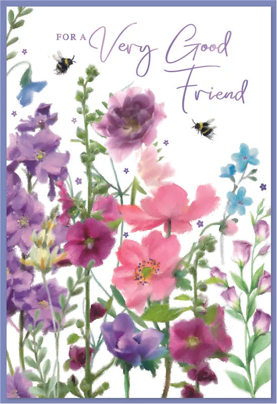 Simon Elvin C50 Birthday cards set featuring six cards for a very good friend, with colorful designs and festive messages.
