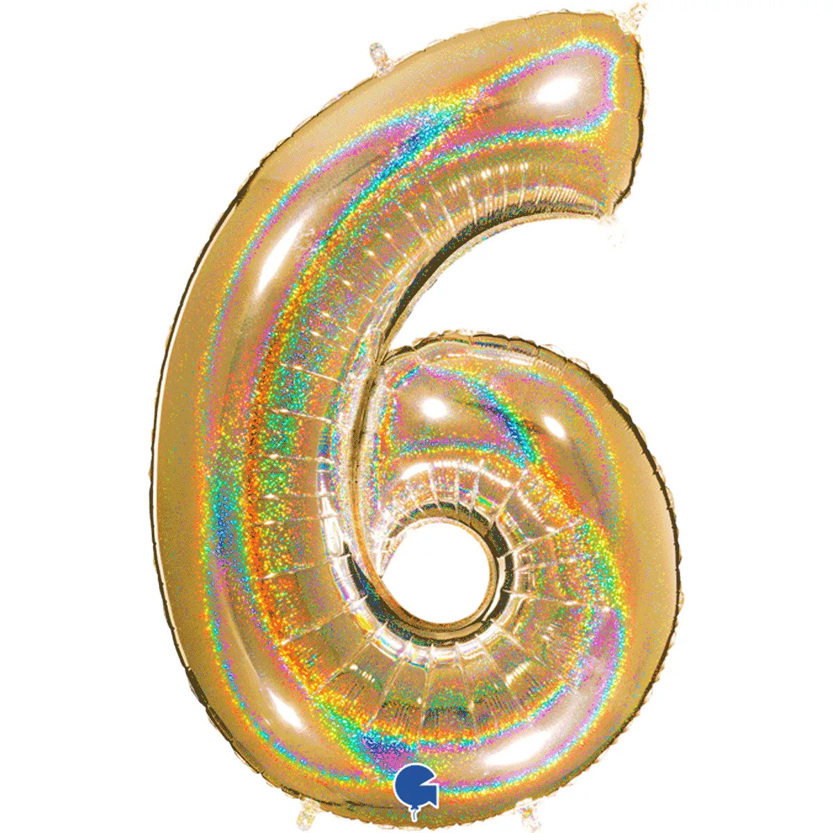 Gold foil number 6 balloon with holographic glitter from Grabo, measuring 40 inches in size.