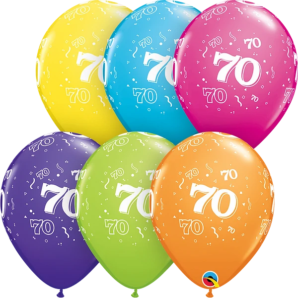 Qualatex 25-pack printed latex balloons featuring tropical 70th birthday designs, assorted colors, 11-inch size.