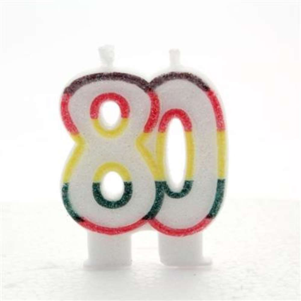 Multicoloured glitter APAC Party Candle with the number 80 for birthday celebrations, decorative and festive.