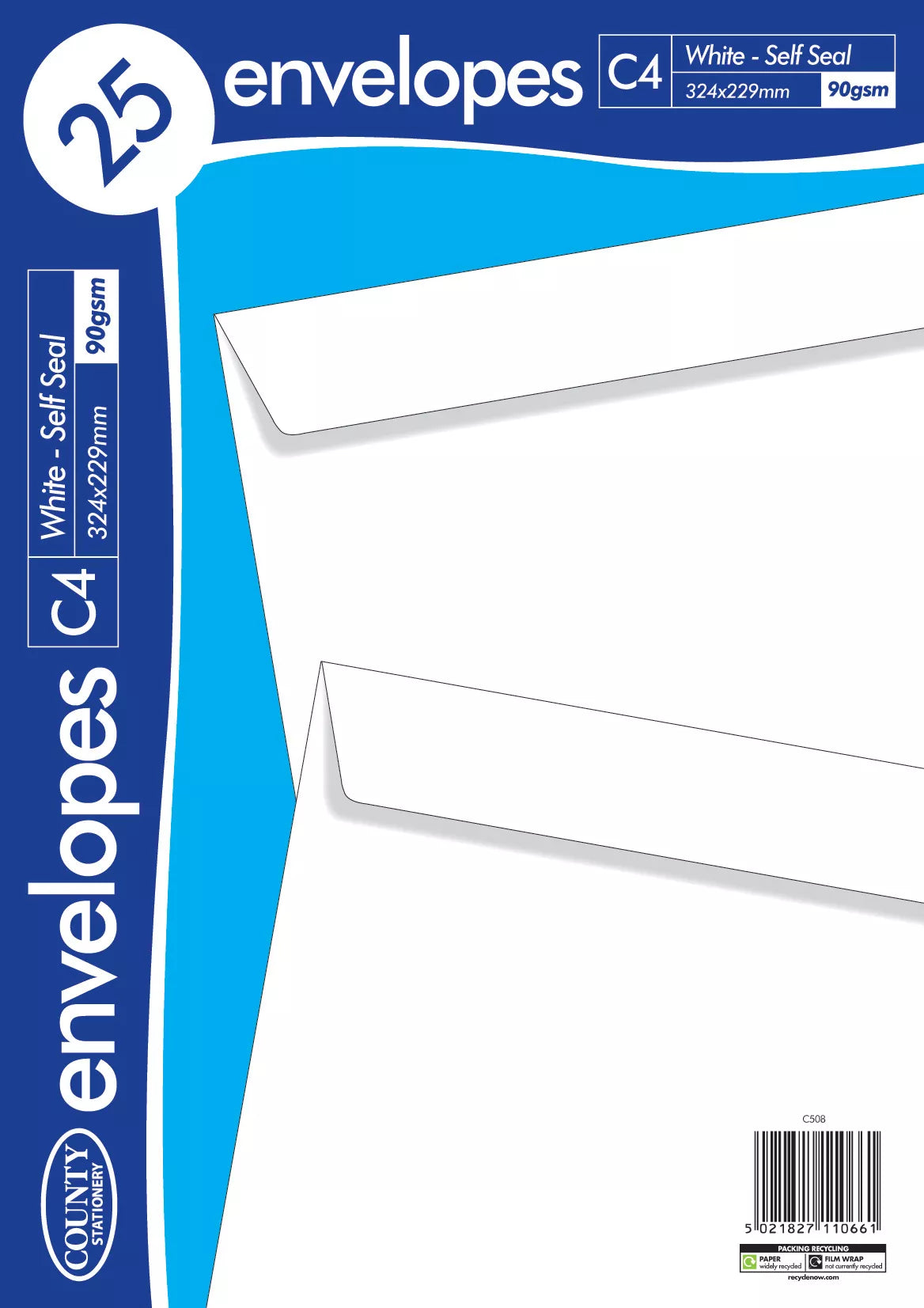 White C4 self-seal envelopes by County Stationery, 229x324mm, 25-pack, suitable for mailing documents and large letters.