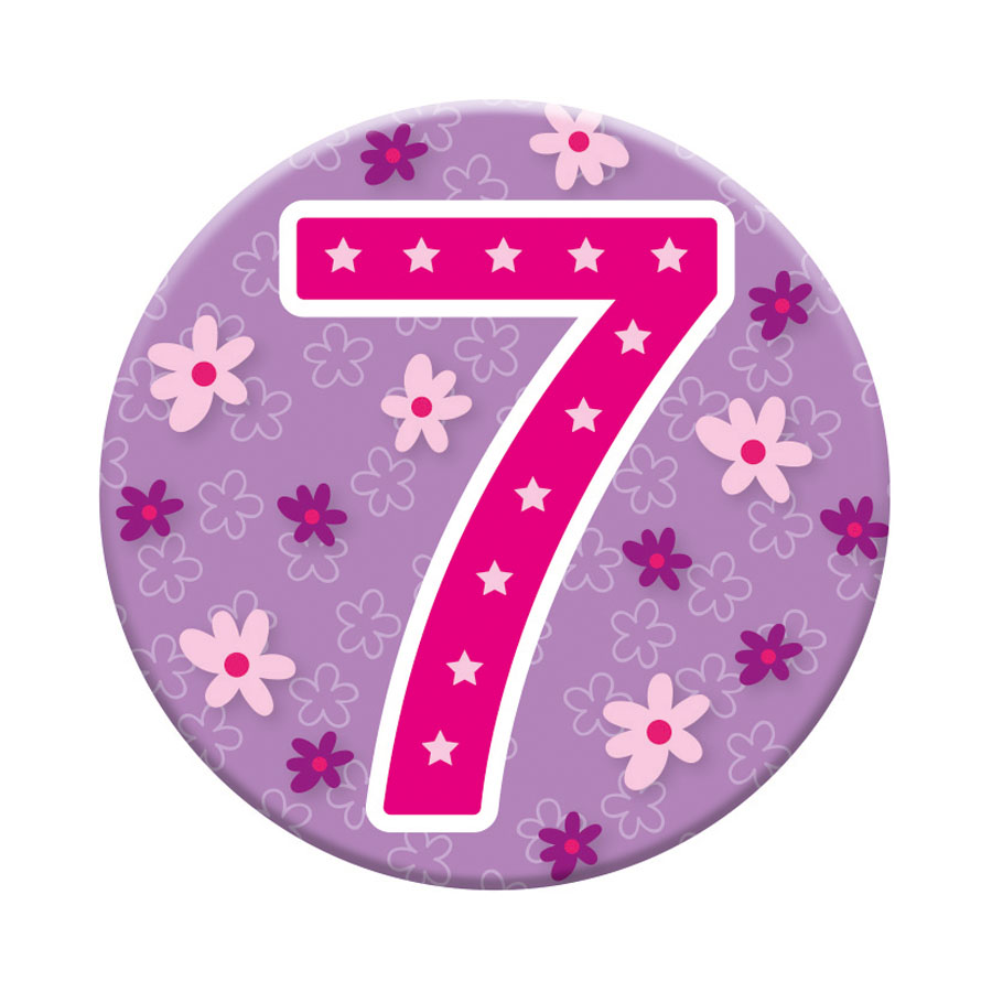 Six small Tiger Feet birthday badges with the number 7, featuring colorful and festive designs for celebrating a seventh birthday.