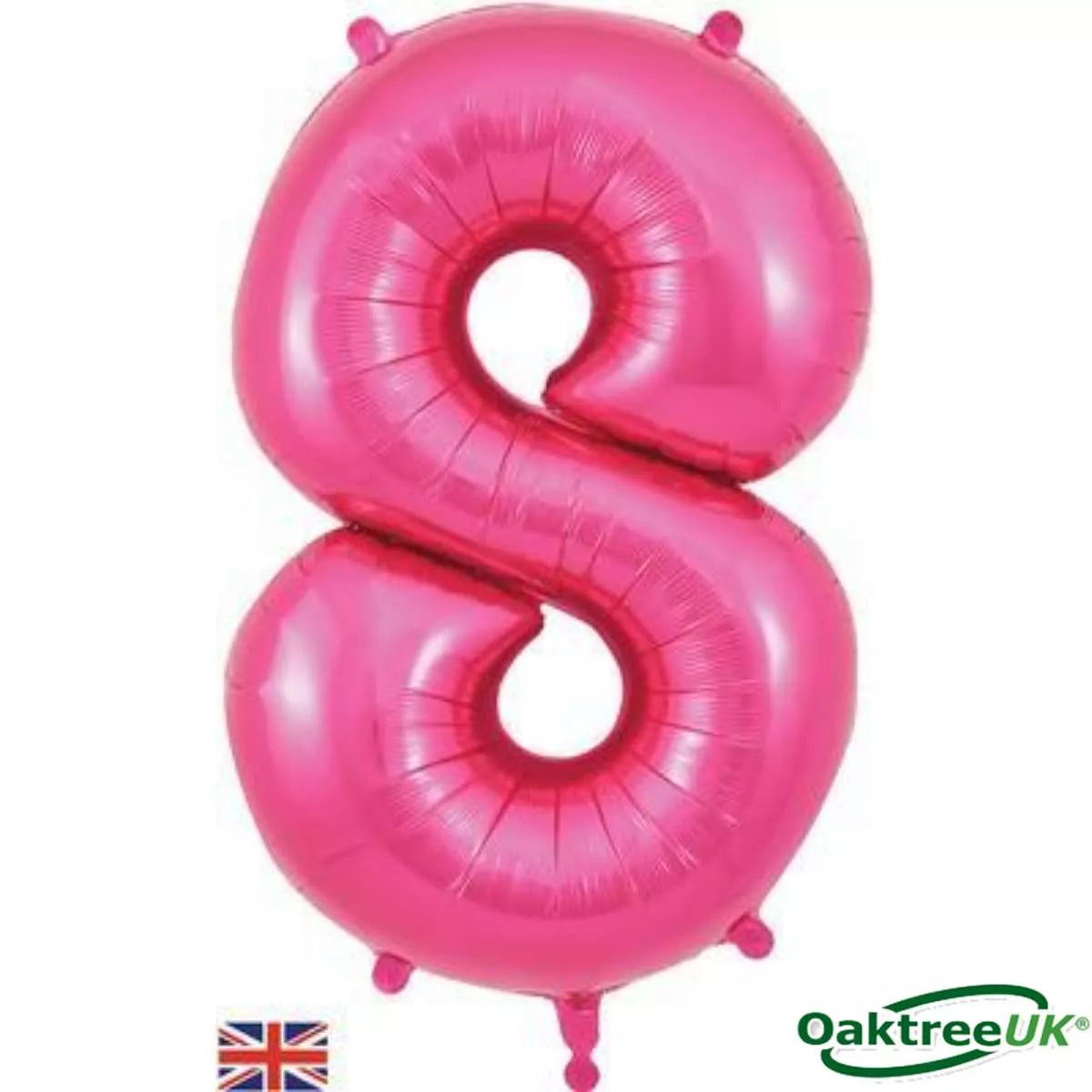 Oaktree pink foil balloon shaped as number 8, 34 inches tall, with shiny metallic finish, suitable for celebrations and parties.