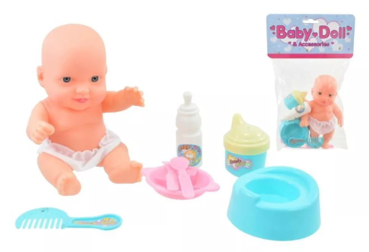 Kandy Toys baby doll with accessories, soft plastic toy for children, featuring realistic doll design and playful accessories.