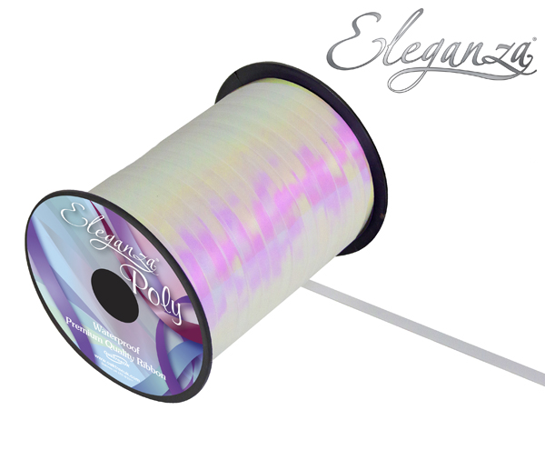 Eleganza Metallic Iridescent Ribbon for balloons, 5mm x 250 yards, showcasing shimmering, colorful balloon ribbon in the image.