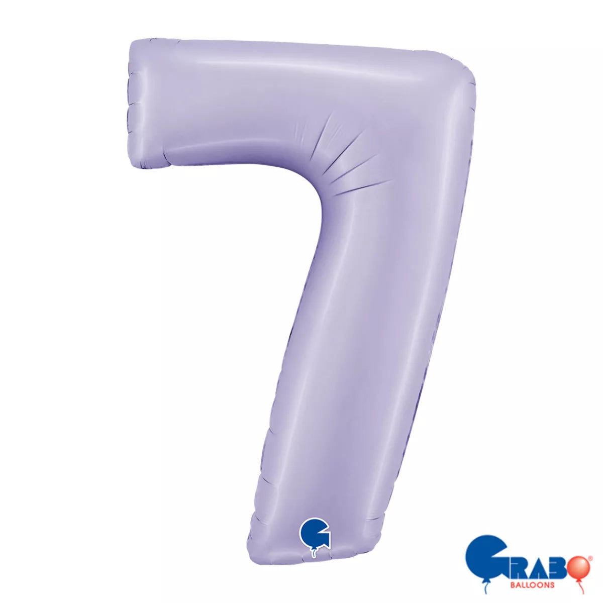Grabo satin lilac foil balloon in the shape of a 7 number, 40 inches tall, with a shiny, smooth surface and celebratory design.
