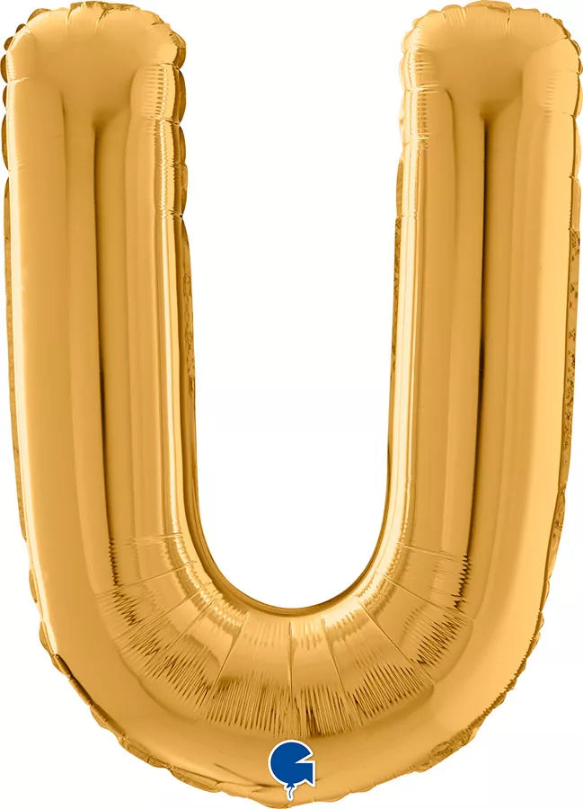 Gold foil letter U balloon by Grabo, 26 inches tall, featuring a shiny metallic finish and large letter shape.