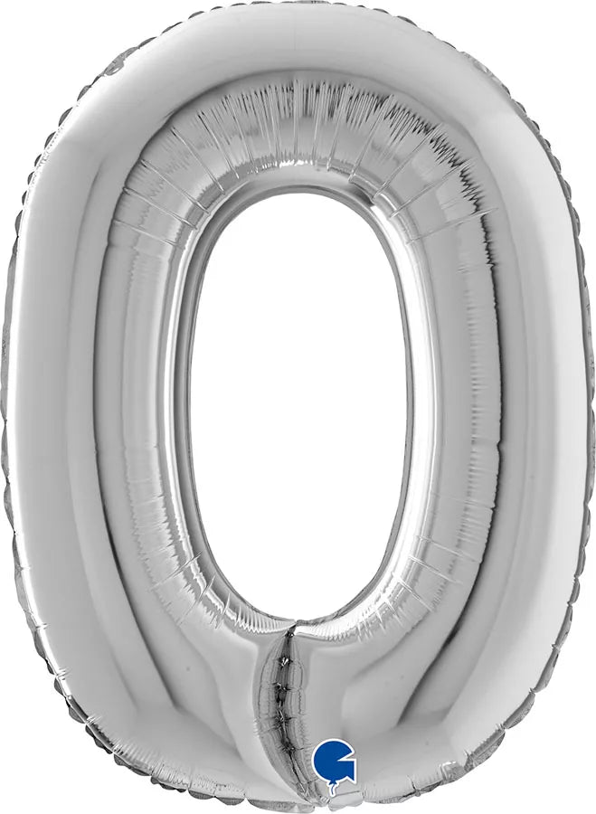 Silver Grabo foil balloon in the shape of the letter O, measuring 26 inches, with a shiny metallic finish.