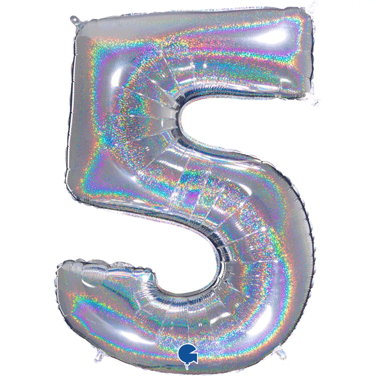 Silver foil balloon shaped as the number 5 with holographic glitter by Grabo, 40 inches tall.