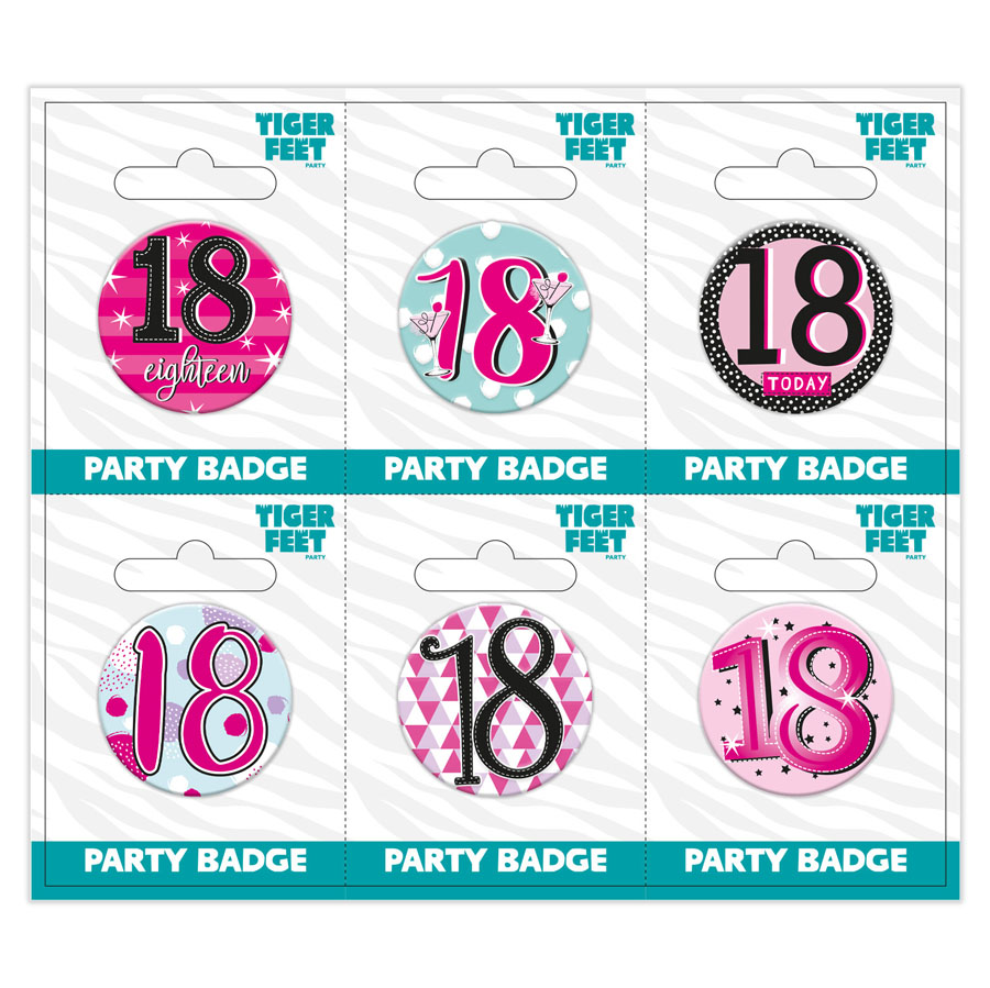 Six small Tiger Feet birthday badges displaying the number 18 for celebrating age milestones.