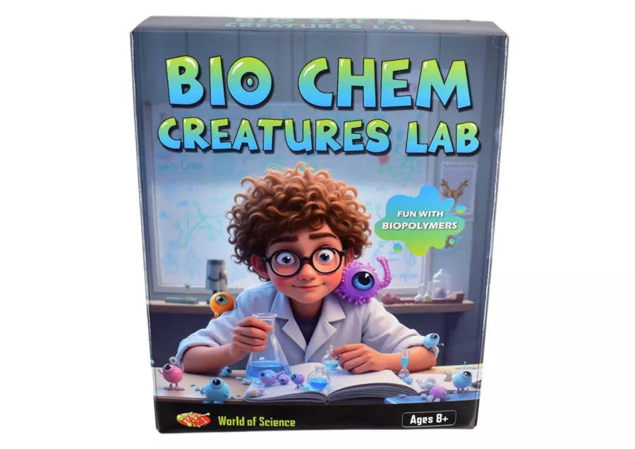 Kandy Toys Bio Chem Creatures craft kit with colorful materials and tools for creating science-inspired creatures.