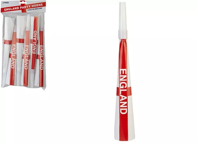 Six England-themed party horns, 10 inches long, from PMS International, perfect for celebrations and festive events.