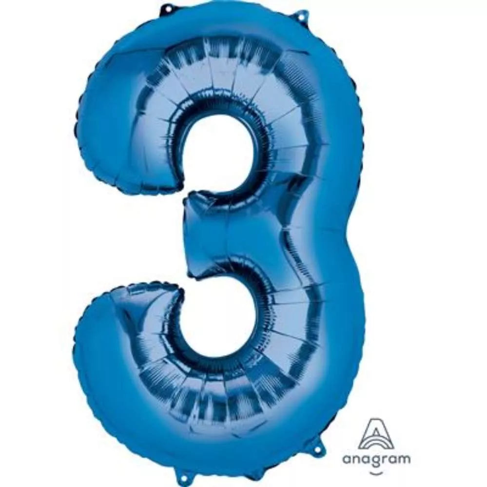 Blue Anagram foil balloon shaped as the number 3, 34 inches tall, suitable for celebrations and party decorations.