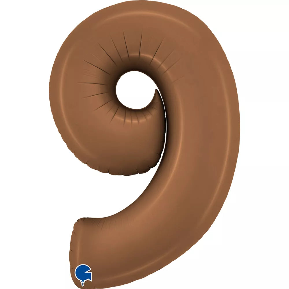 Grabo satin foil balloon in the shape of the number 9, 40 inches tall, in a rich chocolate color with a shiny satin finish.