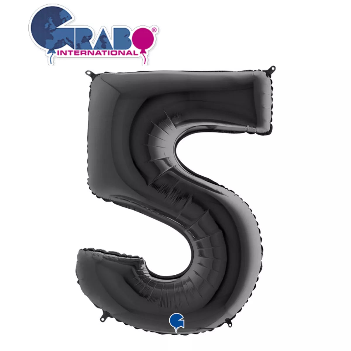 Black 40-inch Grabo foil number 5 balloon, shiny metallic finish, inflated and ready for celebration.